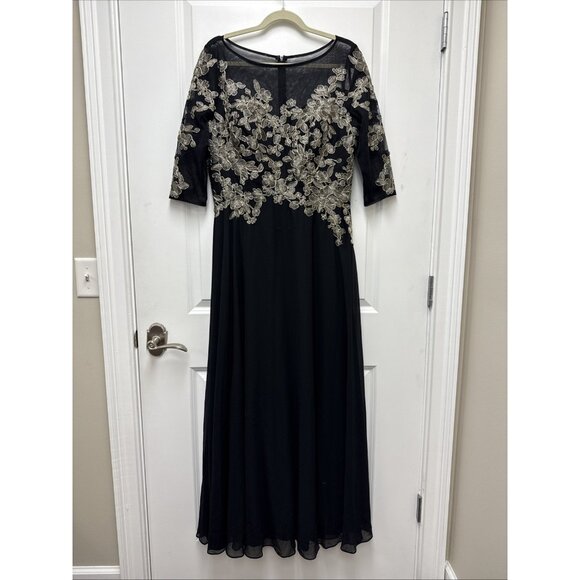 Betsy & Adam Size 14 Black Gold Floral-Embroidered Mesh 3/4-Sleeve Gown Dress - Picture 2 of 9